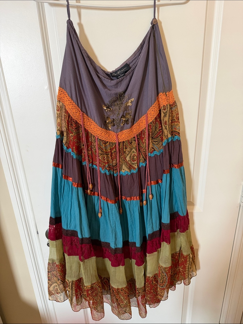 Solitaire Multicolor Tiered Boho Skirt — Teal, Gray & Olive